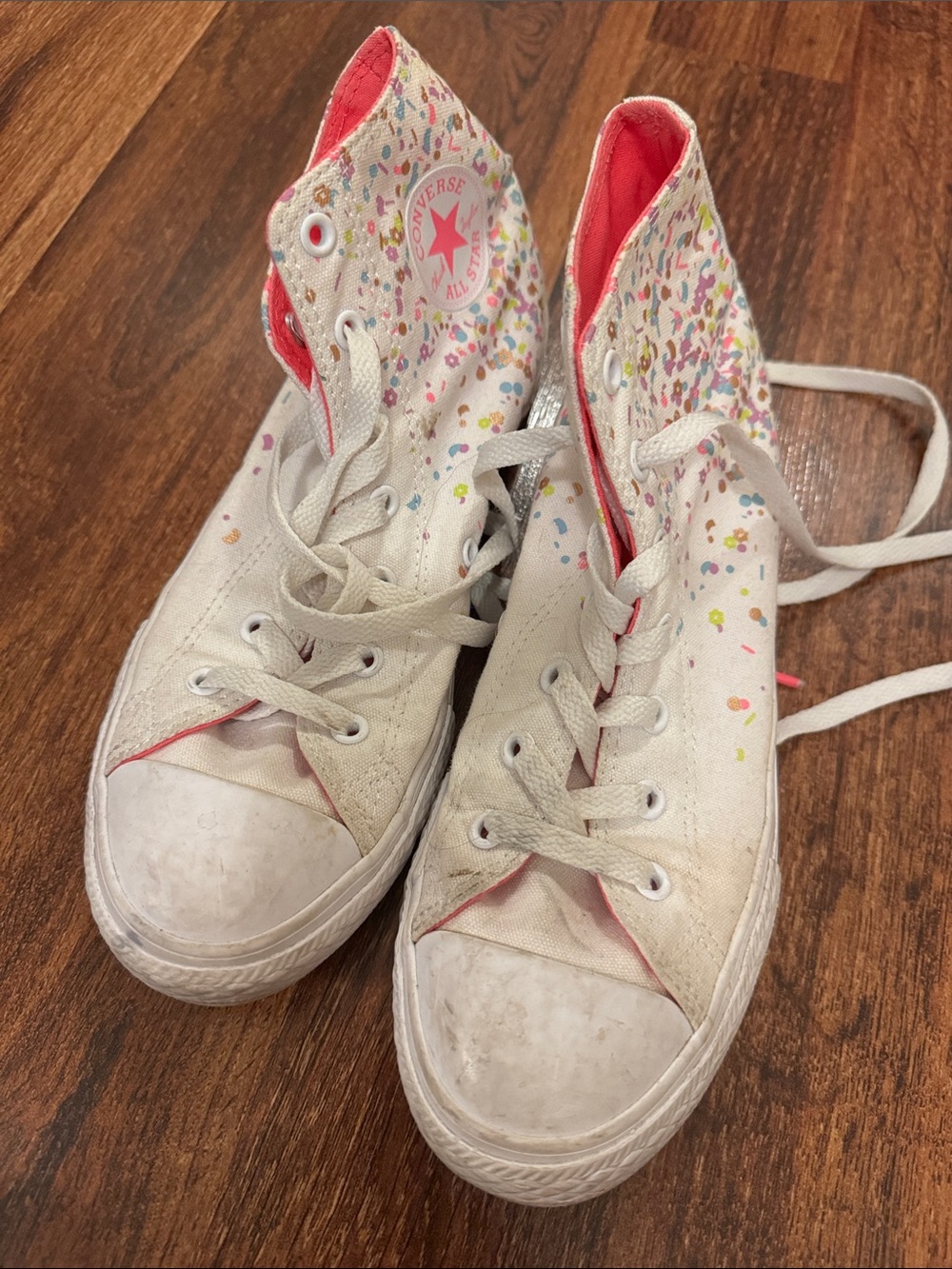 Converse White High Tops with Pink Lining and Multicolor Speckle
